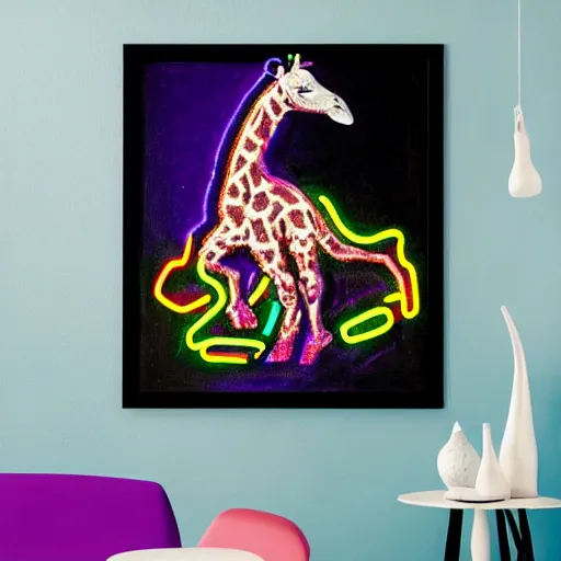 Prompt: aaliyah riding a giraffe that is neon blue and purple in high quality rembrandt art style