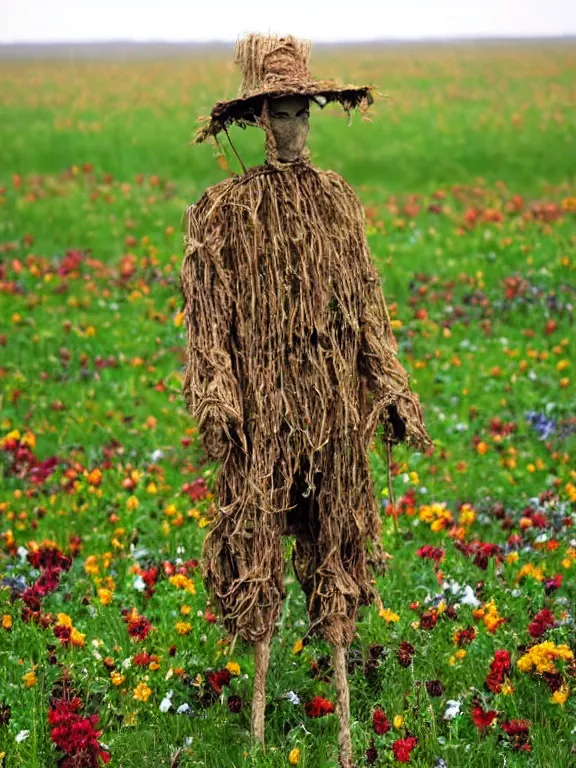 Image similar to human-like scarecrow wearing torn military clothes in beautiful meadow of flowers, ww1 photo, grainy, high detail, high resolution,