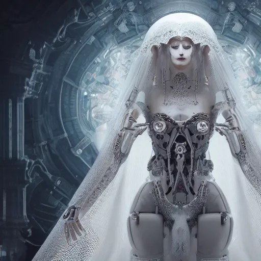 Prompt: female gothic robots with human organ and face, dressed in white intricate lace, veils and jewels, epic environment, matte painting, diffused lighting, highly detailed, cinematic, epic atmosphere, digital art, trending on artstation, wide angle