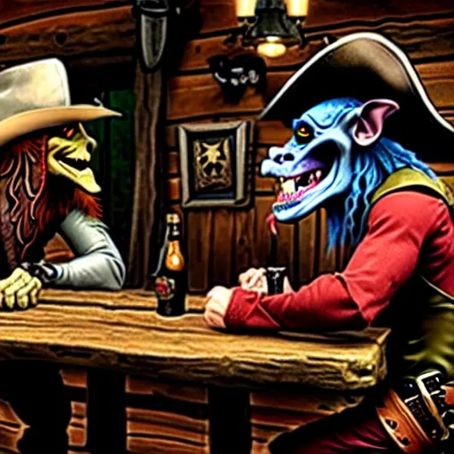 Image similar to a goblin with a large nose and a pirate with a bandana negotiating a contract with Jared Leto in a Western saloon.