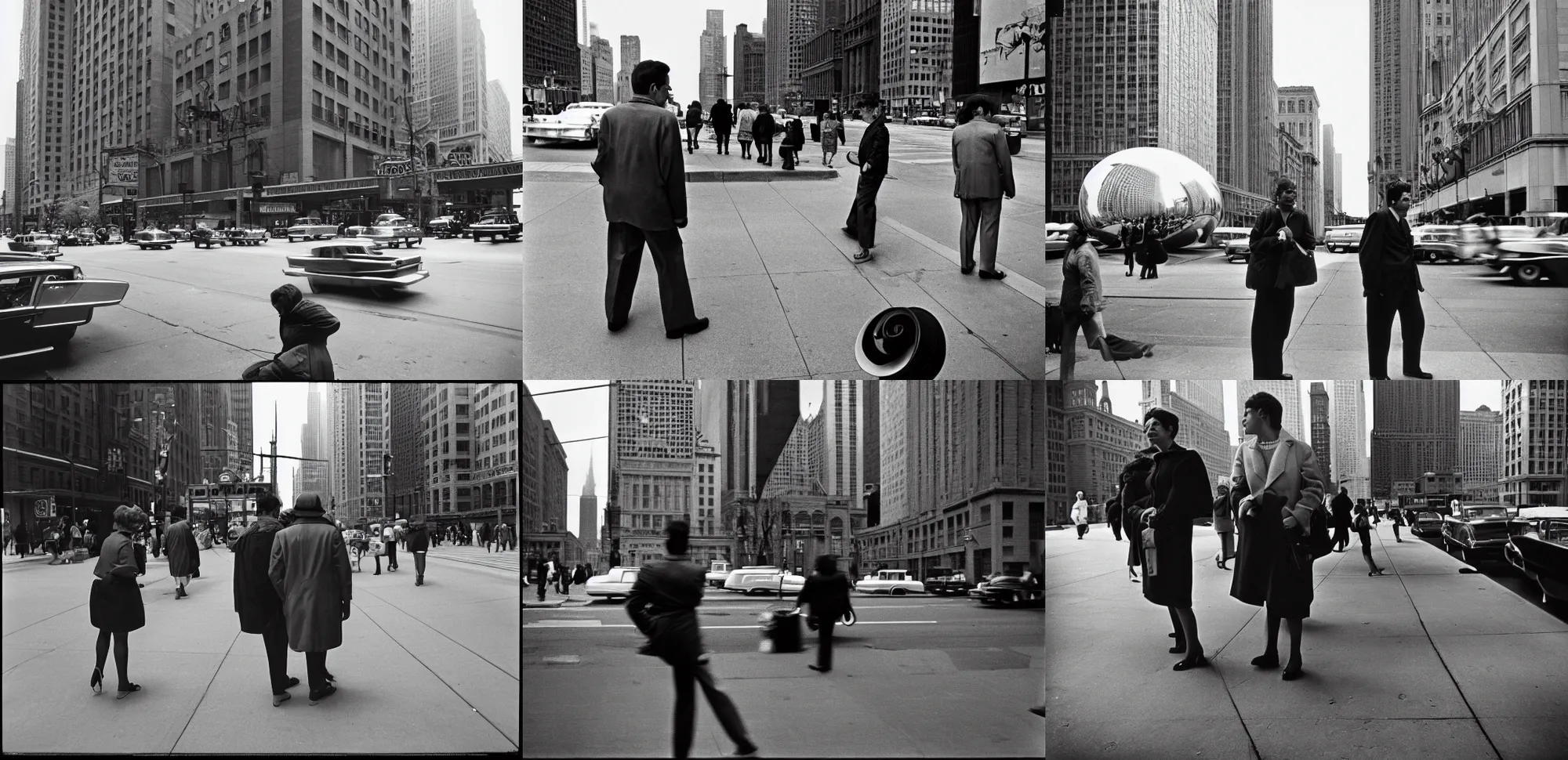 Prompt: candid street photography of chicago, 1960s, by Vivian Maier, Rolleiflex 3.5F, Kodak 120mm film