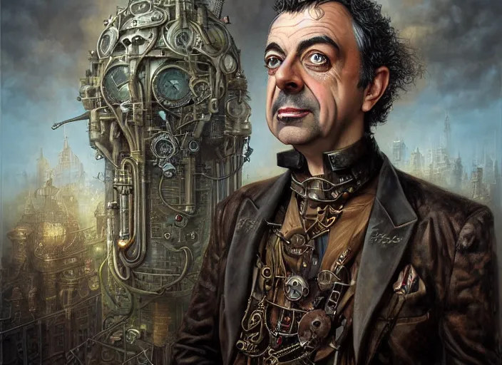 Image similar to steampunk portrait of rowan sebastian atkinson, by tomasz alen kopera and peter mohrbacher