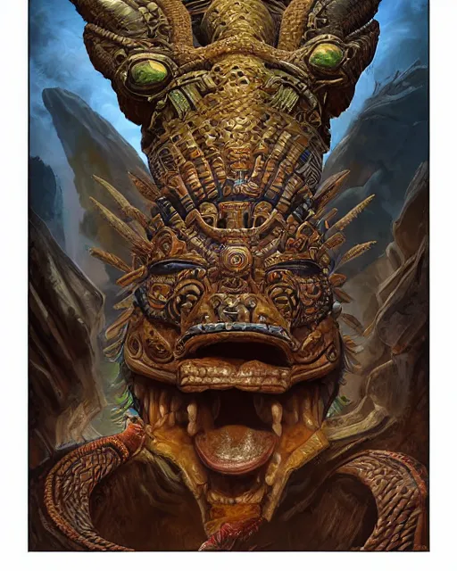 Prompt: digital painting of mayan feathered serpent god, by filipe pagliuso and justin gerard, fantasy, highly detailed, intricate, sharp focus, tarot card, serpent head, fangs