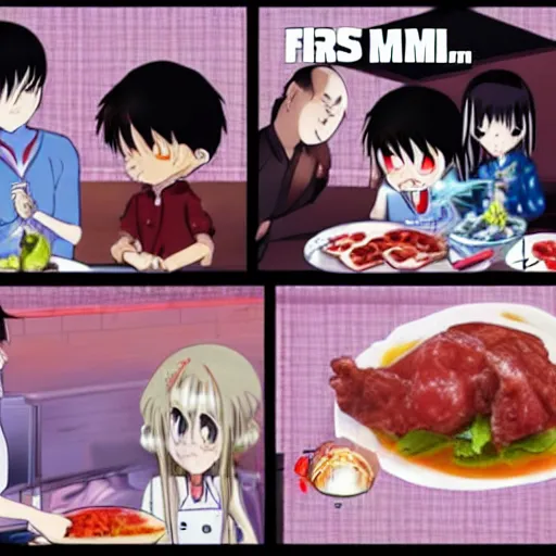 Image similar to anime human meat restaurant, horror, nightmare, cook, food, cooking