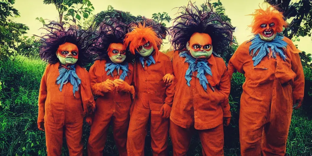 Image similar to photo of oompa loompas, creepy!!!, scaly!!!, gritty!!!, menacing!!!, evil, ultra realistic, gritty, outside of chocolate factory, golden hour, volumetric lighting, sharp focus