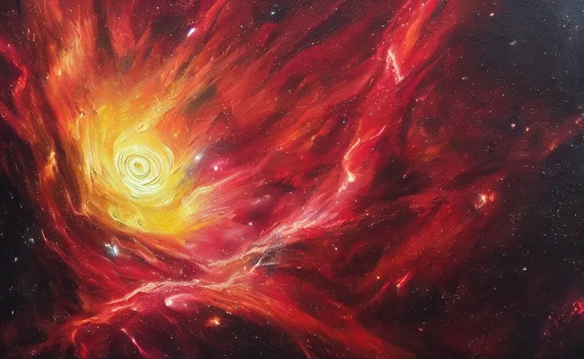 Prompt: an oil painting of a beautiful space nebula, red and black; hyper-detailed; an extraordinary masterpiece!!!; flawless; trending on artstation