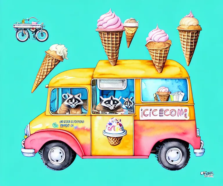 Image similar to cute and funny, racoon riding in a tiny ice cream truck with an oversized engine, ratfink style by ed roth, centered award winning watercolor pen illustration, isometric illustration by chihiro iwasaki, edited by range murata, tiny details by artgerm and watercolor girl, symmetrically isometrically centered, sharply focused