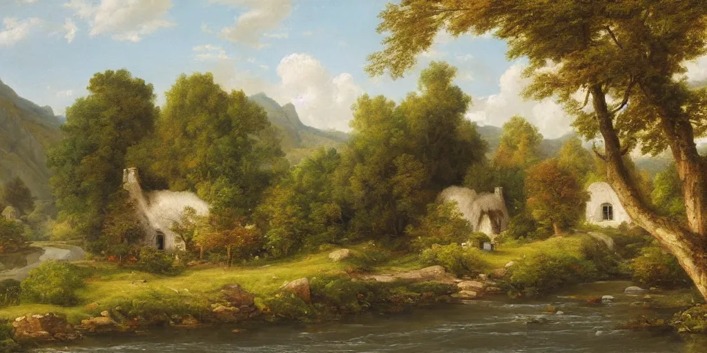 Prompt: a beautiful landscape painting of a cottage by a river in a valley, astronaut sitting by the river, by john glover, oil on canvas, highly detailed, hd, 4 k