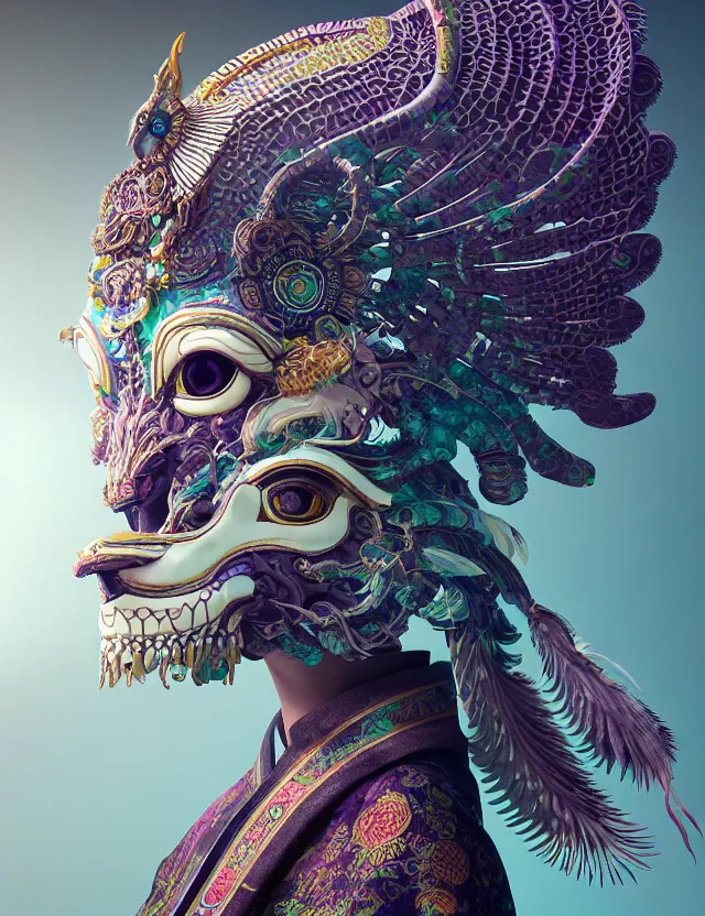 Image similar to 3 d goddess close - up profile solarpunk portrait ram skull. beautiful intricately detailed japanese crow kitsune mask and clasical japanese kimono. betta fish, jellyfish phoenix, bio luminescent, plasma, ice, water, wind, creature, artwork by tooth wu and wlop and beeple and greg rutkowski