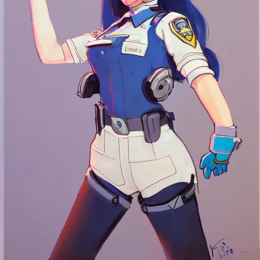 Image similar to D.VA from Overwatch wearing a police uniform by Kim Jung Gi, holding handcuffs in one hand Blizzard Concept Art Studio Ghibli. oil paint. 4k. by brom.