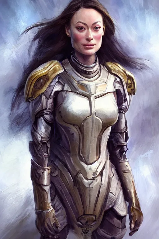 Image similar to a professional painting of a young Olivia Wilde, clothes in military armor, olive skin, long dark hair, beautiful bone structure, symmetrical facial features, intricate, elegant, digital painting, concept art, smooth, sharp focus, illustration, from StarCraft by Ruan Jia and Mandy Jurgens and Artgerm and William-Adolphe Bouguerea