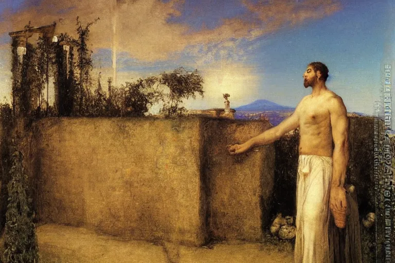 Prompt: the personified spirit of the wisdom of solomon above his temple garden, landscape by bocklin