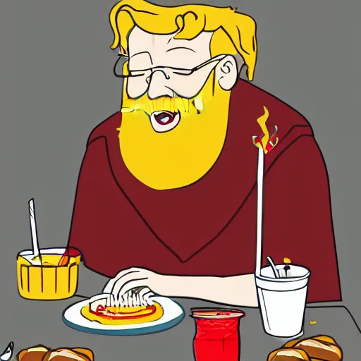 Prompt: dumbledore eating a hot dog messily, mustard and ketchup, high quality illustration