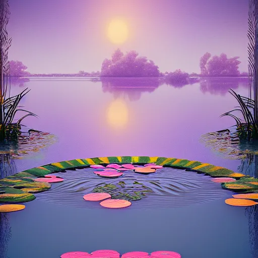 Image similar to by kilian eng rendered in cinema 4 d, indian ornate. a peaceful photograph that shows a pond with water lilies floating on the surface. the colors are soft & calming, & the overall effect is one of serenity & relaxation.