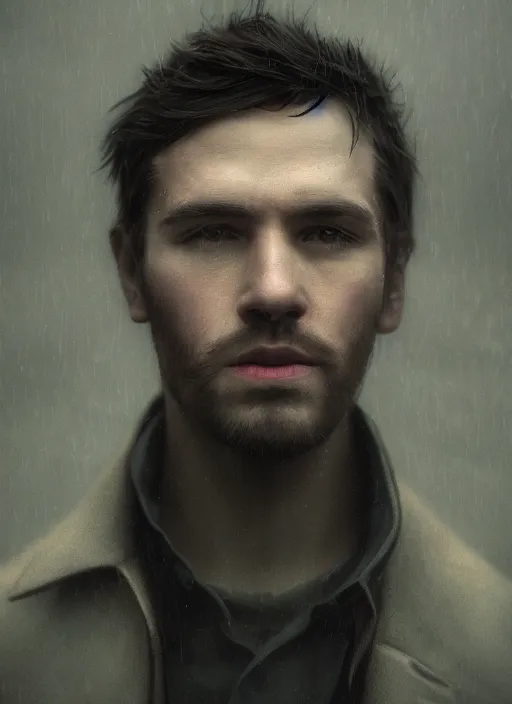 Image similar to Joseph Quinn in real life, face centered portrait of Joseph Quinn, Confident, fog, rain, volumetric lighting, beautiful, golden hour, sharp focus, ultra detailed, cgsociety by Leesha Hannigan, Ross Tran, Thierry Doizon, Kai Carpenter,Ignacio Fernández Ríos, noir art house, 4k, 35mm, fujifilm”