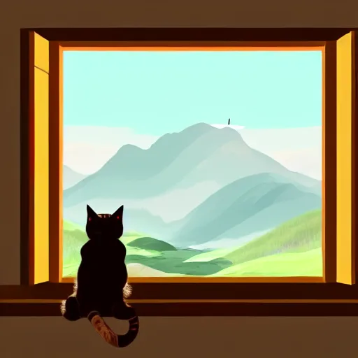 Prompt: a beautiful landscape including mountains and plains through a window, cat sitting on the edge of the window, illustration, digital art, trending on artstation, no signature