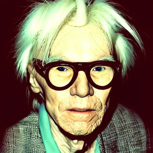 Prompt: Portrait of an aged elderly Andy Warhol, taken in the 2000s, photo taken on a 2000s camera, grainy, real life, hyperrealistic, ultra realistic, realistic, highly detailed, epic, HD quality, 8k resolution, body and headshot, film still, front facing, front view, headshot and bodyshot, detailed face, very detailed face