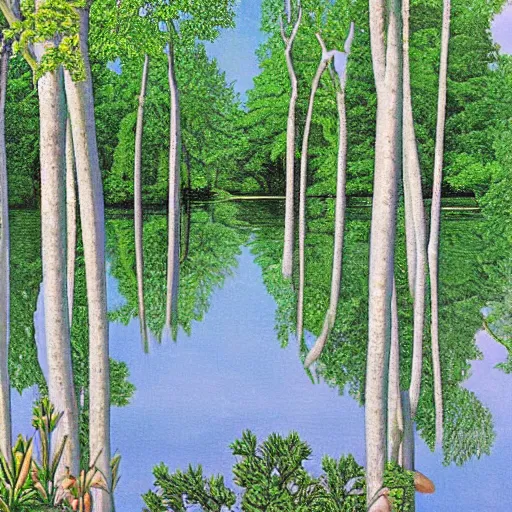 Image similar to escher painting of a lake, big trees reflecting on lake surface, ultra sharp, ultra detailed, colorized by salvador