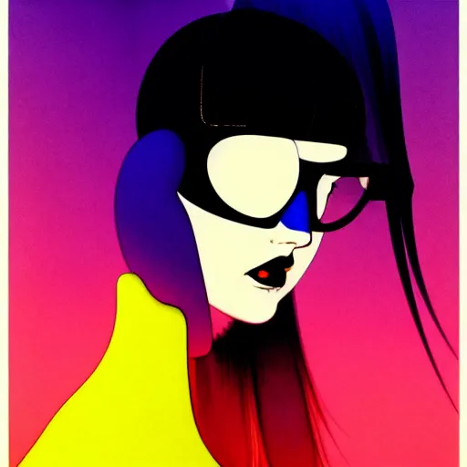 Prompt: a representative chubby young goth girl an asymmetrical ombre mohawk wearing oversized euro glasses and a leather jacket. anaglyph lighting, detailed character design, melancholic flat vector geometric minimalism by oskar schlemmer, moebius, nagel, john berkey, oil on canvas, portrait facial head, featured on artstation, hd wallpaper, anime art nouveau