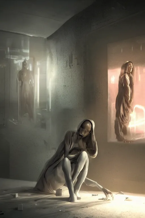 Image similar to a clone awaking from a test tube, opening her eyes for the first time, envisioning the dystopian world around her, illustrated by greg rutkowski, roger magrini, richard mortensen and leticia gillett, dramatic lighting, envious atmosphere, daz 3 d, unreal engine 5, cgsociety contest winner, 4 k
