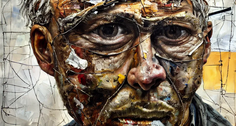 Prompt: an extreme close up portrait a very ordinary middle-aged man with a sad expression, front angle, by Anselm Kiefer and Lucian Freud and Jenny Saville, oil painting, rust, Scaffolding, rusted metal and sunflowers, iron cladding, decay, mixed media, textured, anatomically correct, beautiful perfect face, visible brushstrokes, sharp focus, Highly Detailed, Cinematic Lighting, 8k, HD