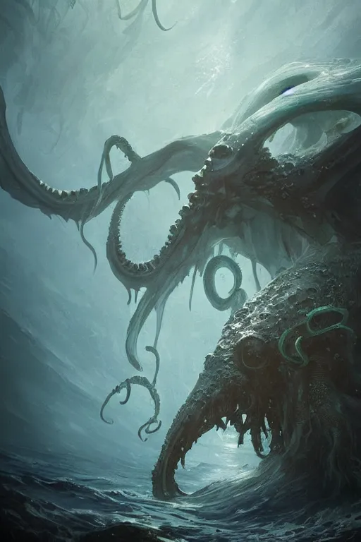 Prompt: cthulhu emerging from the ocean with wings spread, digital art, magic the gathering, a mountain walked or stumbled, mtg, by greg rutkowski, trending on artstation