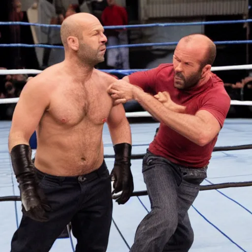 Prompt: danny dyer and jason statham wrestle in jelly