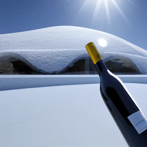 Image similar to frosted wine bottle standing on a white zen clean modern minimalist white yatch in front of large circular portal with frosted mountain view, frozen and covered in ice, by peter tarka and zaha hadid octane highly render, 4 k, ultra hd,