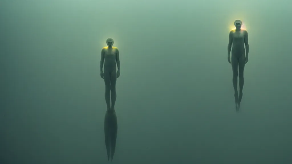 Prompt: the glowing human on the bottom of the ocean, film still from the movie directed by Denis Villeneuve with art direction by Zdzisław Beksiński, wide lens