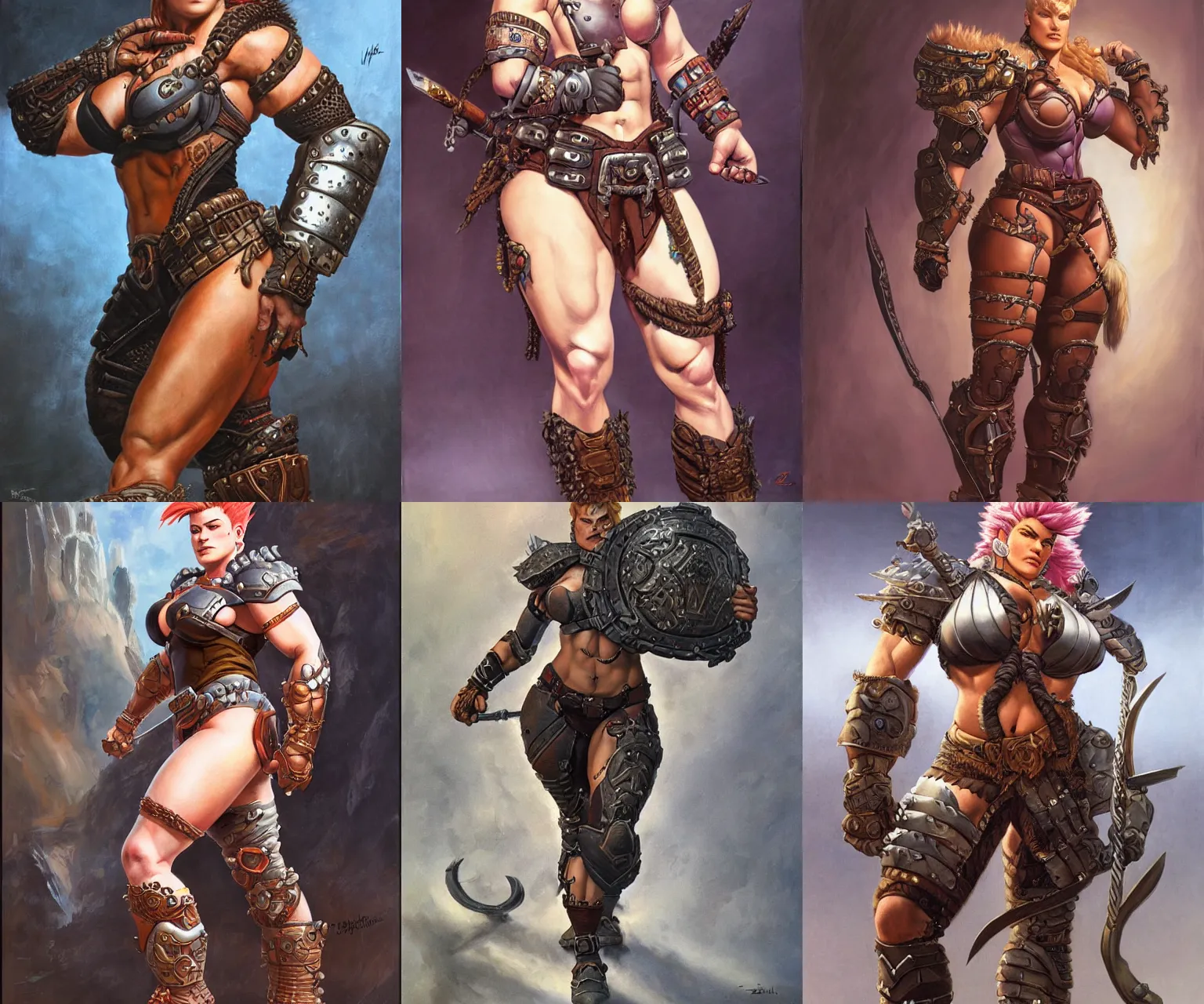 Prompt: detailed portrait of Zarya from overwatch as a powerful fantasy barbarian wearing leather armor, intricate, hyper detailed, realistic, oil painting, by larry elmore, frank frazetta, cinematic lighting, strong legs