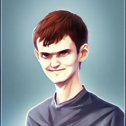 Image similar to An anime portrait of Vitalik Buterin, by Stanley Artgerm Lau, WLOP, Rossdraws, James Jean, Andrei Riabovitchev, Marc Simonetti, and Sakimichan, tranding on artstation