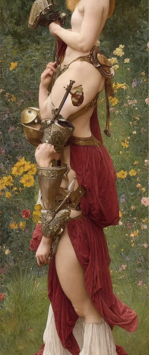 Prompt: annasophia robb in medieval armour, bowl haircut, mucha and bouguereau