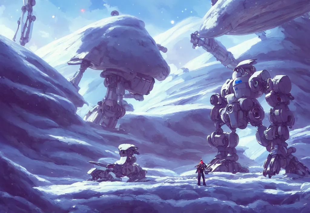 Image similar to a small chubby mecha on a glacier on an alien planet, intricate oil painting, high detail illustration, sharp high detail, manga and anime 1 9 9 9, official fanart behance hd artstation by jesper ejsing and makoto shinkai, 4 k,