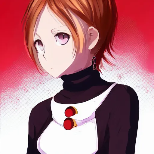 Prompt: beautiful girl with red eyes, short blonde hair, ahoge hair, wearing a white turtleneck sweater, wearing a detailed chain-link necklace, arcueid, in the style of type-moon studios, extremely clean lines, anime and manga style