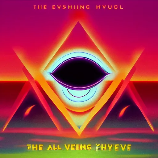 Image similar to the all seeing eye, synthwave album cover