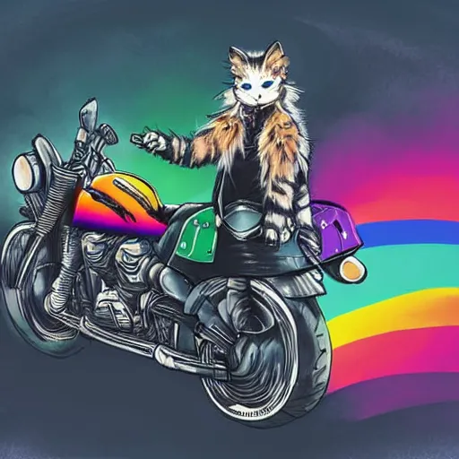 Image similar to wide angle full body, jacket wearing fluffy cute rainbow kitten wearing a black leather motorcycle jacket, riding on a motorcycle, cinematic concept art