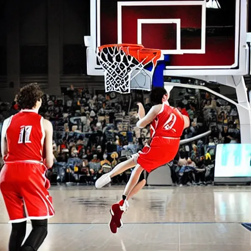 Prompt: A basketball player performing a slam dunk in the space, realistic award winning photography