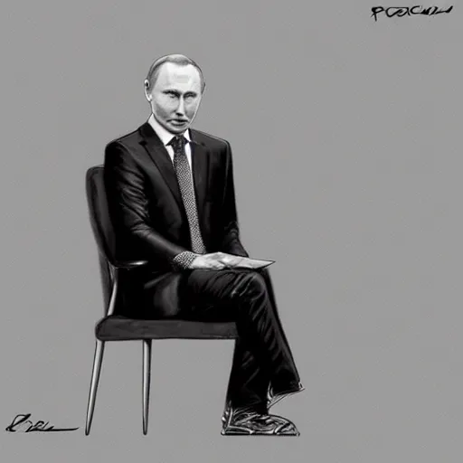 Image similar to a person looking like vladimir putin sitting on chair which looks like sponch bob, digital painting, photorealistic, symmetrical style