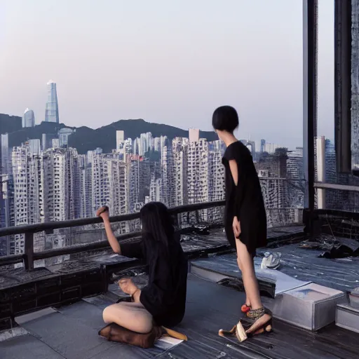 Prompt: a small rooftop with a couple of people sitting and watching the view, wearing black modern clothes, designed by rick owens, messy short hair, modern hong kong is on the background, sunset, by gregory crewdson