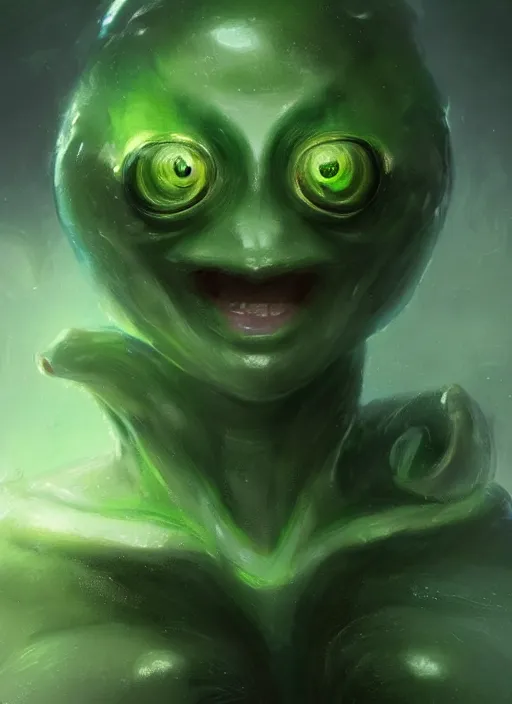 Image similar to portrait of my ethereal waifu cute innocent green slimy alien creature with adorable uwu eyes painted by greg rutkowski, wlop,,