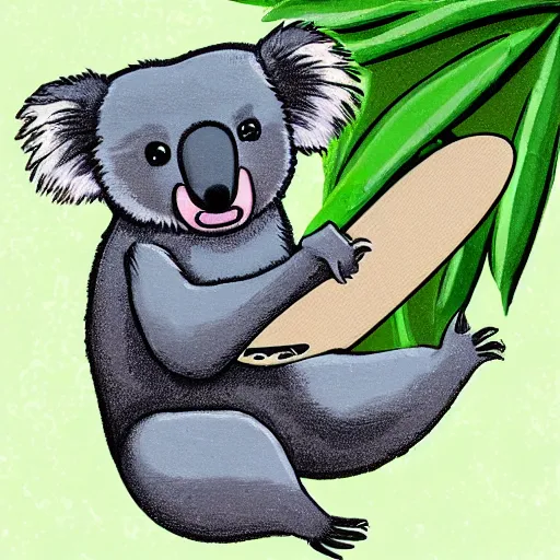 Image similar to koala driving a skateboard on miami beach, digital art