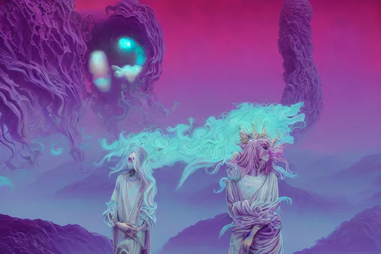 Image similar to muted vaporwave ombre. druid of creativity, beautiful character fashion design, by josan gonzalez and paul lehr and david heskin and seb mckinnon and jared s. merantz and alex grey, hi - fructose, 8 k, digital matte painting