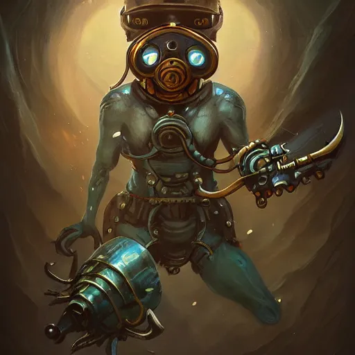 Image similar to evil AmongUs impostor anthropomorphic deep sea diver, tiny, small DnD character art portrait, matte fantasy painting, DeviantArt Artstation, by Jason Felix by Steve Argyle by Tyler Jacobson by Peter Mohrbacher, cinema