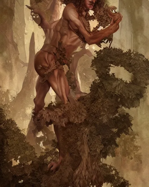 Prompt: maxwell jenkins as a satyr full body portrait, seductive, sexy, leaves, intricate, digital painting, old english, sepia, whimsical background by marc simonetti, artwork by liam wong