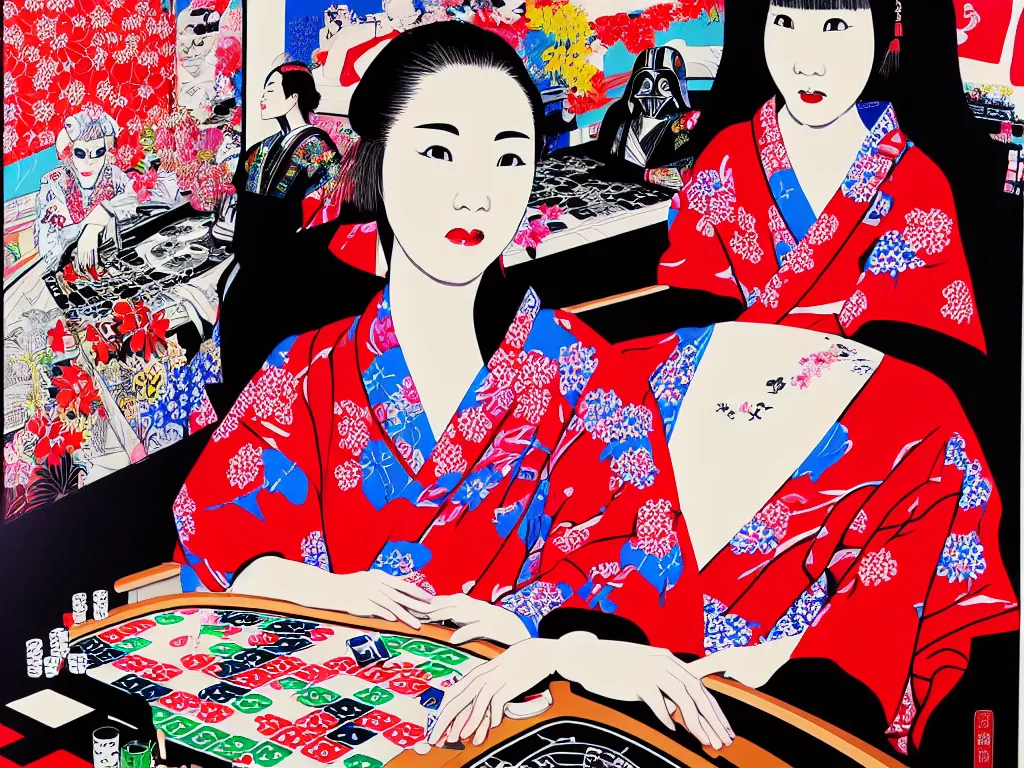 Image similar to hyperrealistic composition of the detailed woman in a japanese kimono sitting at a extremely detailed poker table with detailed darth vader, fireworks, mount fuji on the background, pop - art style, jacky tsai style, andy warhol style, acrylic on canvas