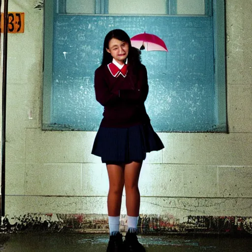 Image similar to night flash portrait photography of a high school girl in catholic school uniform on the lower east side by annie leibovitz, colorful, nighttime!, raining!