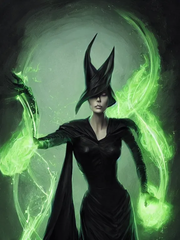 Image similar to Charlize Theron as an evil witch in a black dress casting a green spell, green lighting, time warping, D&D, fantasy, highly detailed, digital painting, trending on artstation, concept art, sharp focus, illustration, art by artgerm and greg rutkowski and magali villeneuve