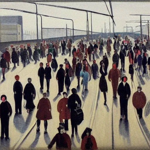 Prompt: painting of swedish commuters heading to the central business district of stockholm, painted by laurence stephen lowry, oil on canvas, national gallery