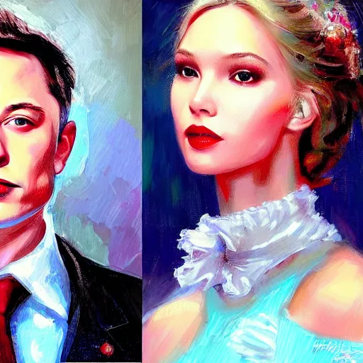 Image similar to Portrait of sasha luss and elon musk, in the style of Konstantin Razumov, extremely detailed