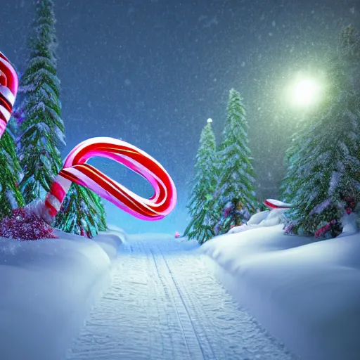 Prompt: a huge colorful candy cane topped with a little pure white snow. the candy is buried in the ground on the side of a serene foot path. there are snow flurries swirling in the air epic, awe inspiring, dramatic lighting, cinematic, extremely high detail, photorealistic, cinematic lighting, trending on artstation cgsociety rendered in unreal engine, 4 k, hq,